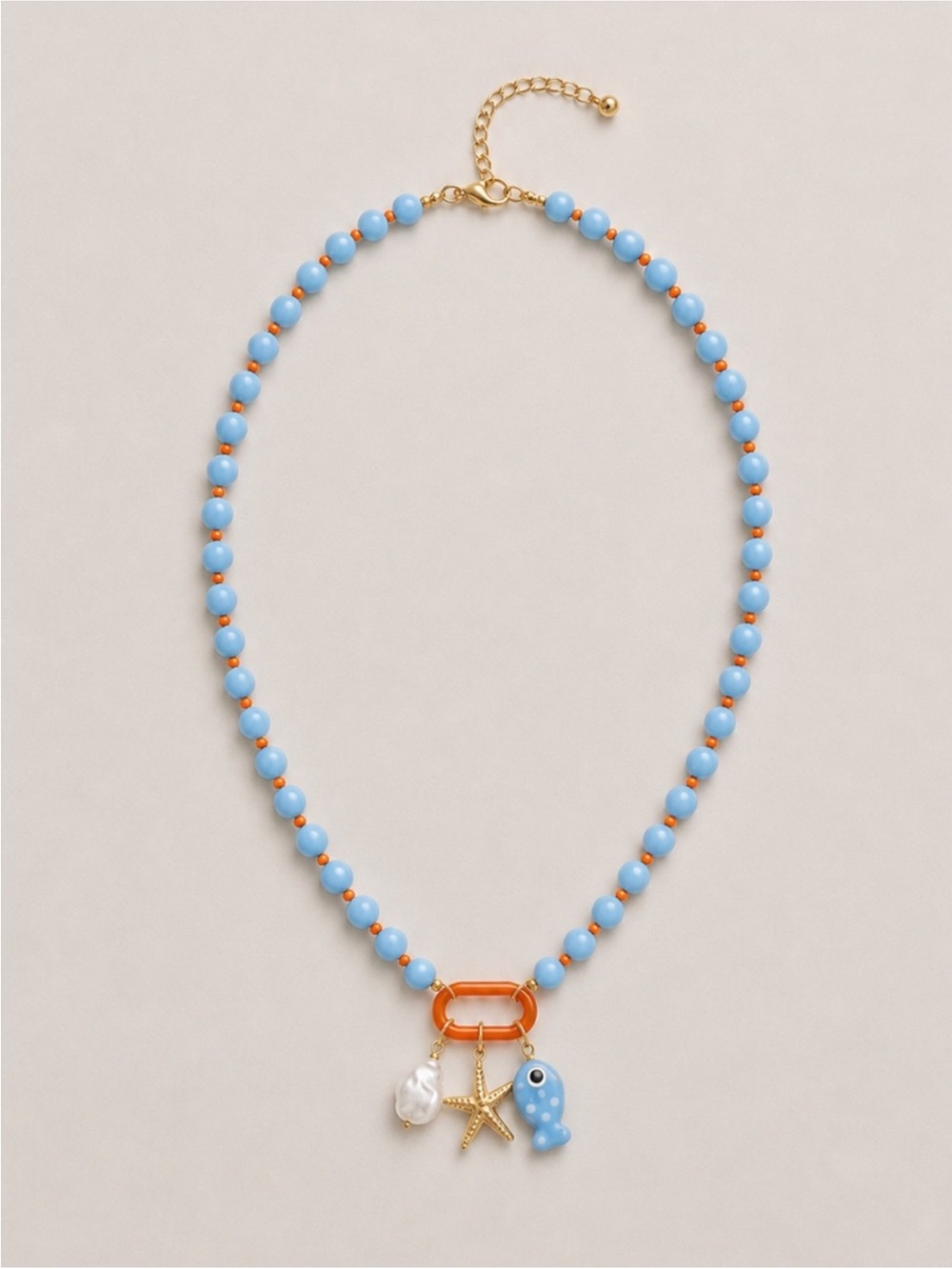New! Coastal Preppy Blue Beaded Fish Carabiner Dopamine Necklace NWOT 5011